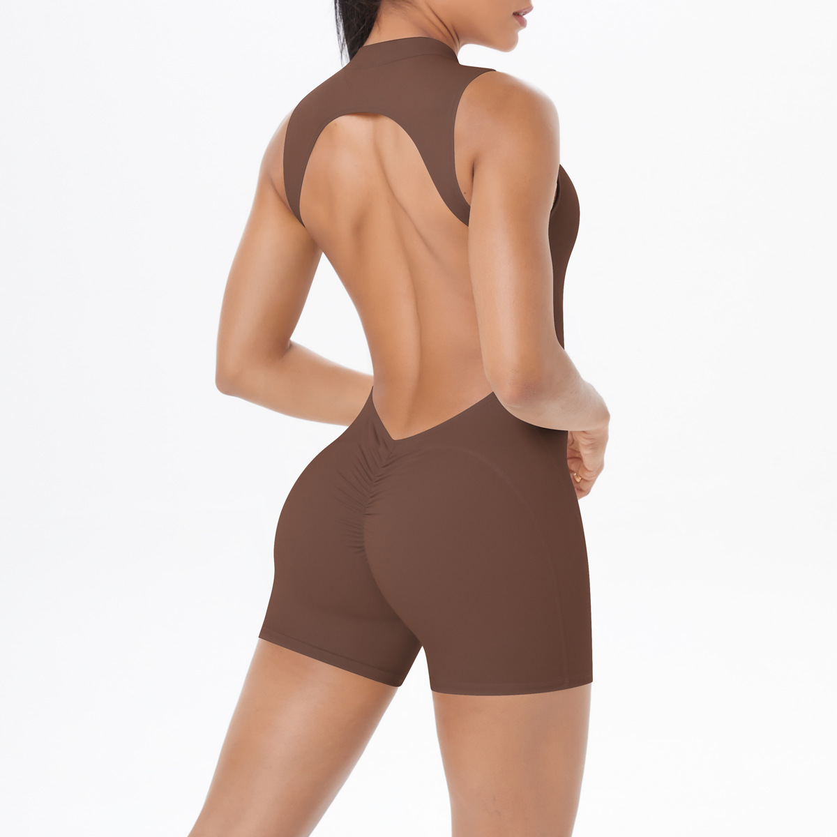 Women sleeveless hollow yoga jumpsuit with chest cushion, peach hip sports vest jumpsuit for fitness and exercise size S-XL