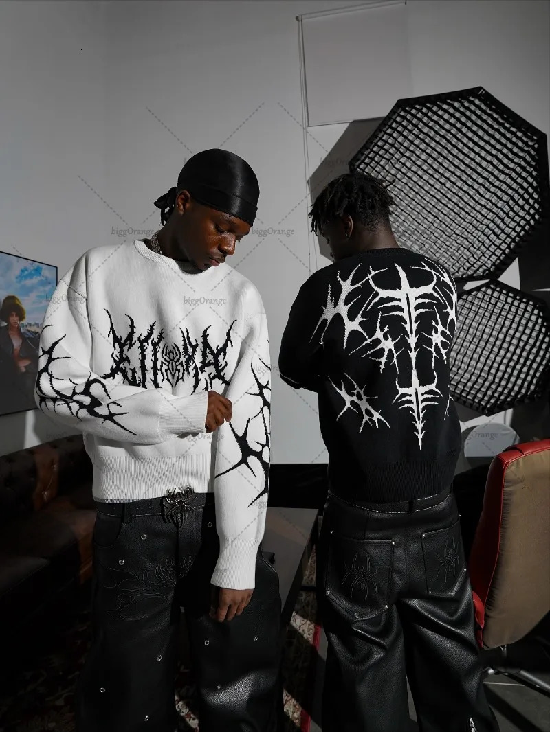 Gothic Punk Harajuku Graphic Knitted Oversized Sweater Men High Street Fashion Hiphop Casual Loose Pullover Streetwear 251023