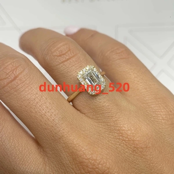 Customized Engagement Ring 10K Gold Emerald Cut Moissanite Halo Diamond Ring