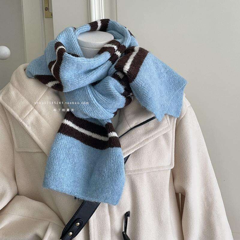 Korean Boutique Same Color-Block College Style Striped Scarf Women Soft Warm Woolen Neck Warmer with Wool for Winter