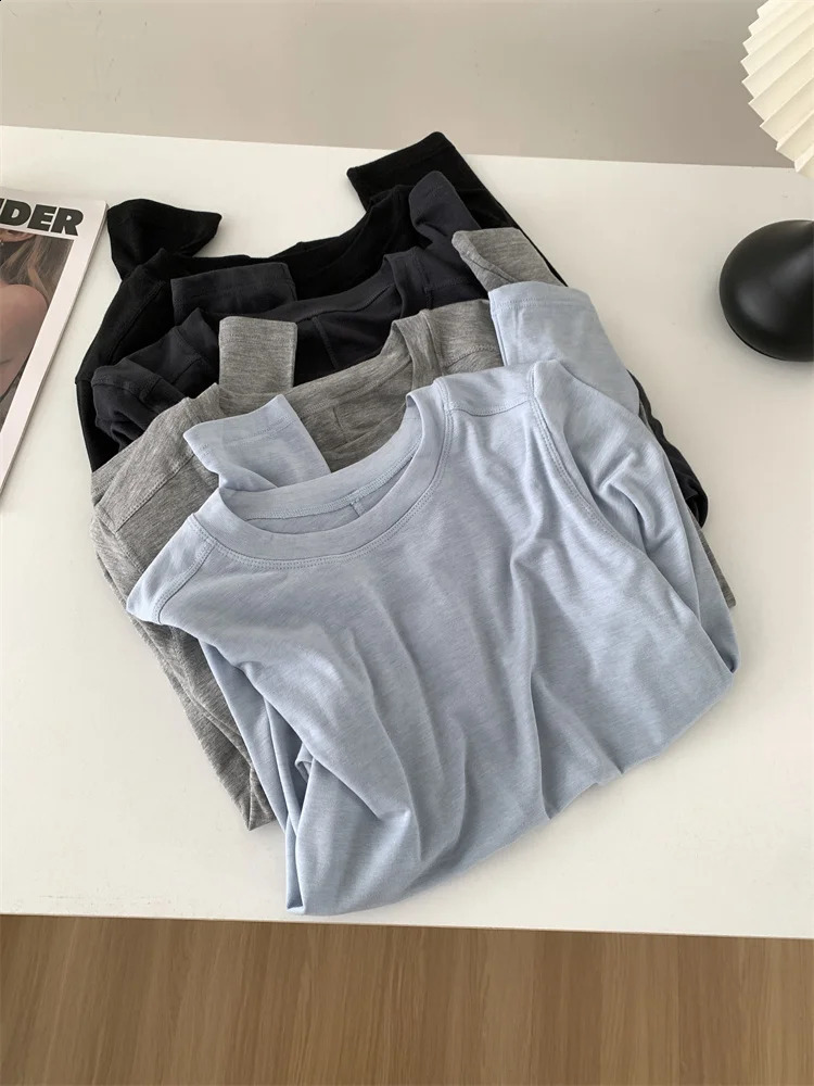 Silk Wool Splice Long Sleeve Tshirt Women Spring Summer Thin Soft Waxy Fit Solid Color Backing Top 251027