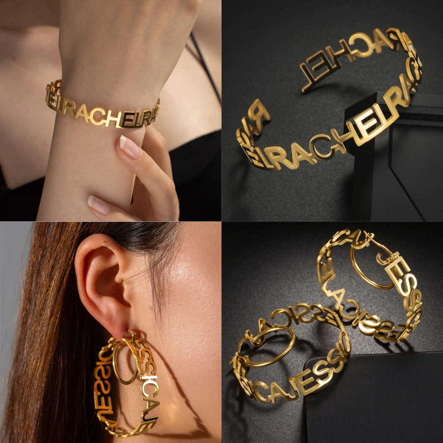Acheerup Personalized Name Bracelet 50mm Earrings for Women Stainless Steel Custom Letters Cuff Bangle Jewelry Set Birthday Gift 251013