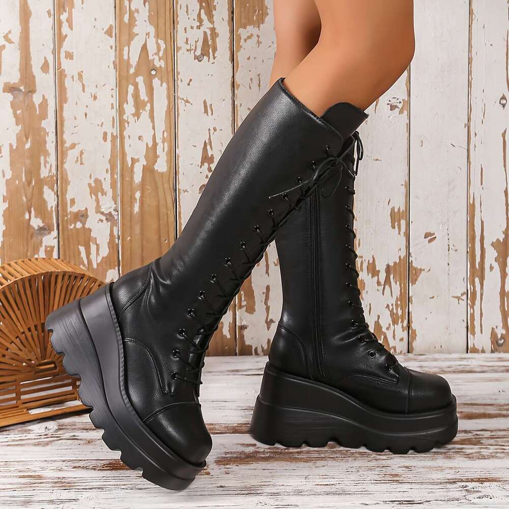 1Pr Women's All-Season Casual Mid-Calf Boots - Solid Color, High Platform Wedge, Side Zipper, Plain Toe, Rubber Sole, Fabric Insole, Man-Made Upp