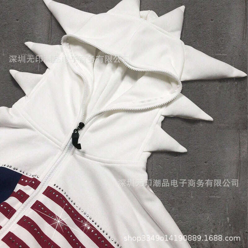 Parody Style Street Hip-Hop Quirky Unique Hoodie with Rhinestones Rivets Zipper Cardigan Sweatshirt for Autumn and Winter