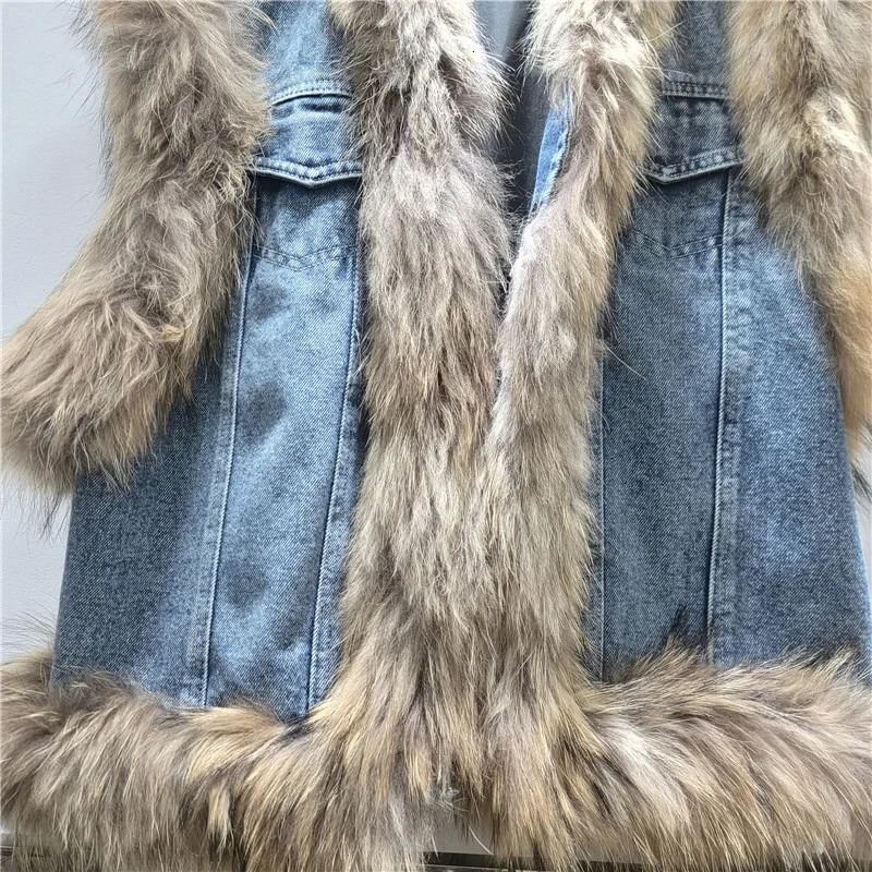 ANJY 2025 Autumn Winter Women European Fashionable Denim Patchwork Fur Jacket Vest Trendy Street Sleeveless Waistcoat A13523 251027