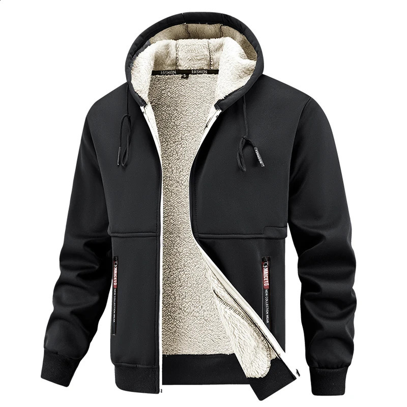 Men Winter Jacket Fleece Lined Hooded Thicken Casual Warm Coat EU Size Solid Loose Hoodie Outwear Parks Mens Clothing Top 251027