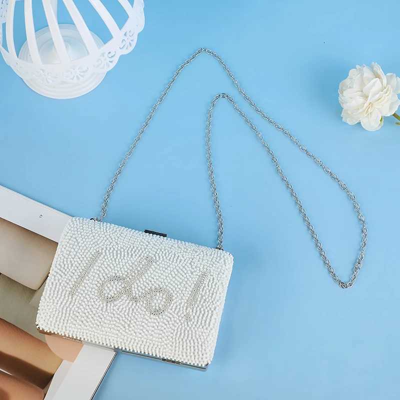 Elegant Letter Bridal Clutch Bag White Beaded Evening Party Square Bag with HighEnd Metal Chain for Women H251027