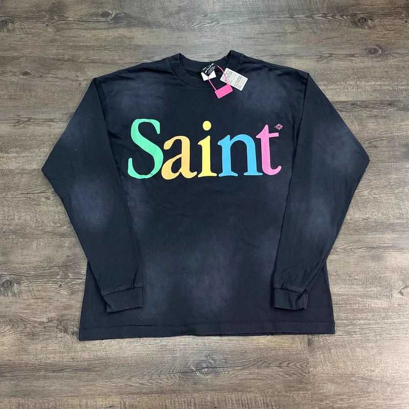 Cracked Colorful Print Saint Long Slve Tshirt Men Women Vintage Washed High Quty Heavy Fabric Loose T Shirt Tops T X251028