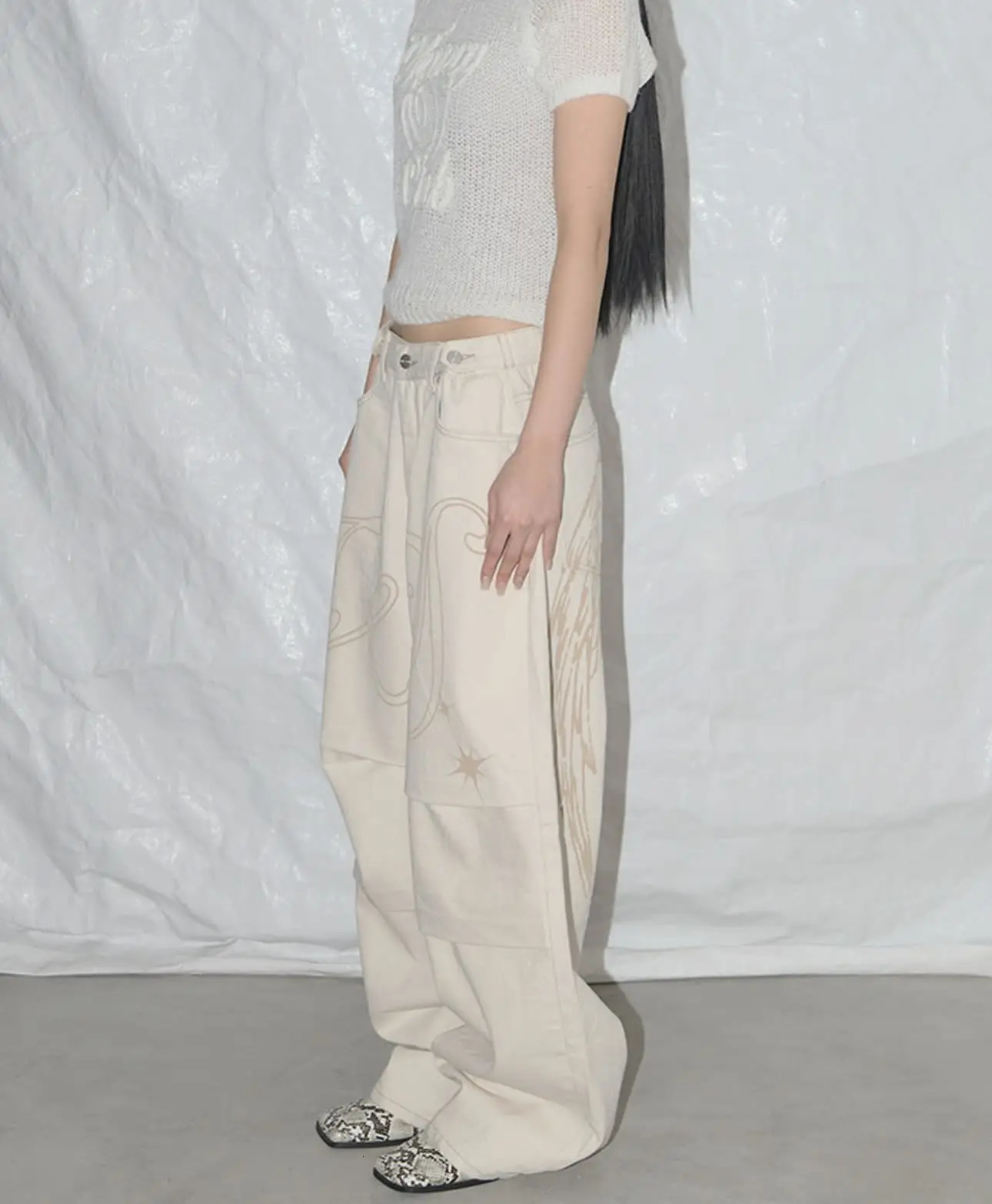 Light Colour Trend Dressing Up Korean Style Simple Baggy Angel Printed Jeans 2025 Spring Necessary Solid Retro Straight Pants 251027