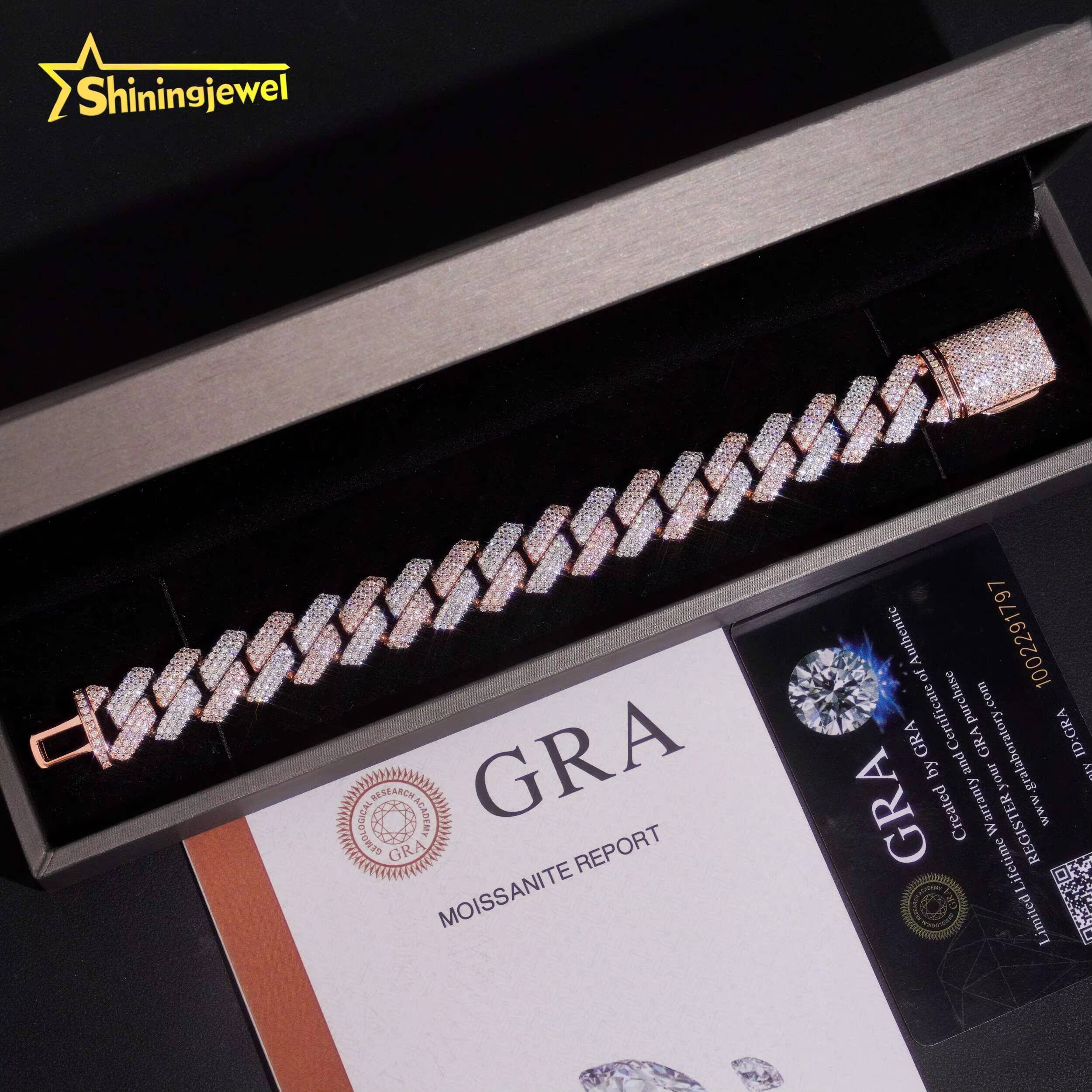 Two Tones Silver Rose Gold 15mm Moissanite Cuban Link Bracelet Hip Hop Moissanite Cuff Bracelet for Unisex Fashion