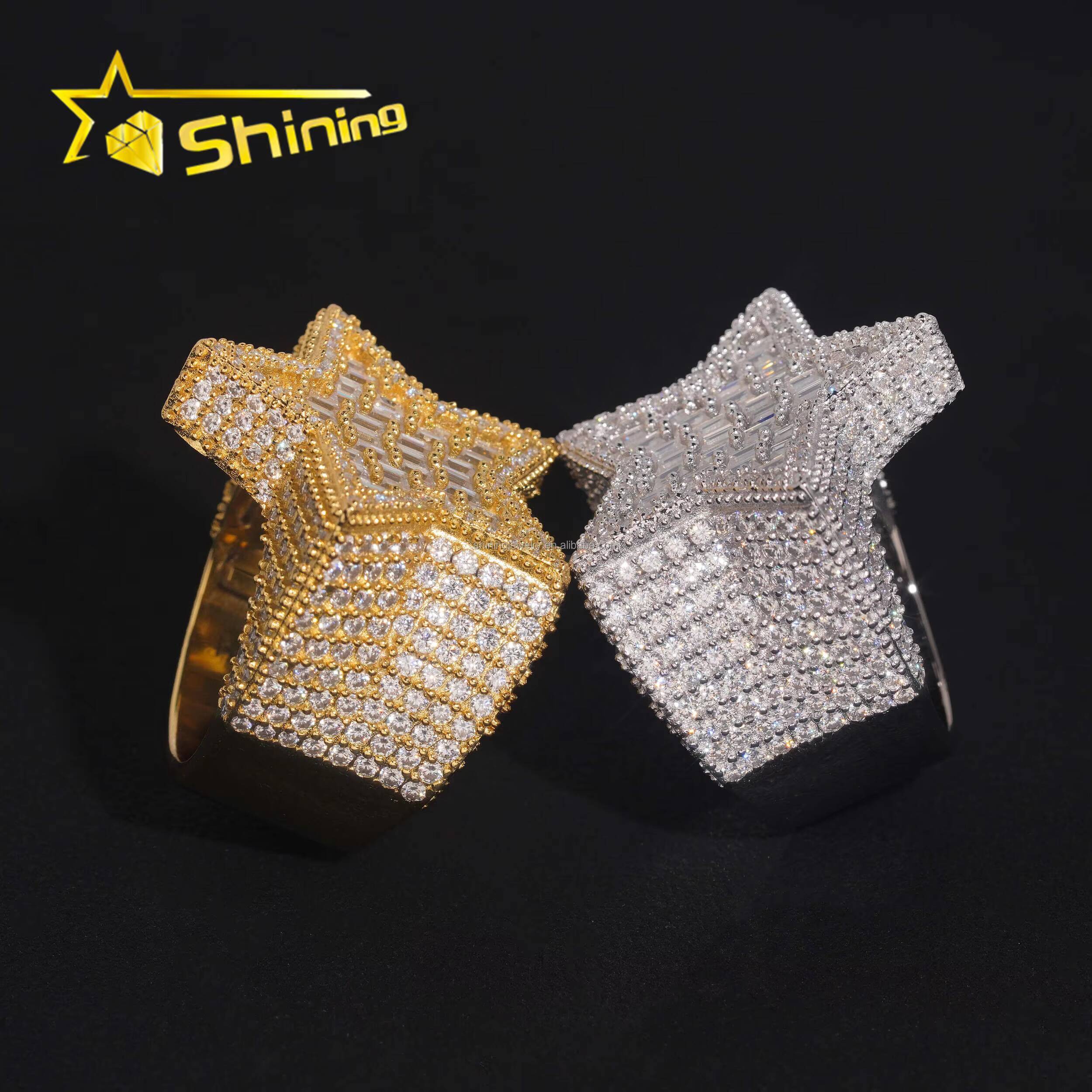 Bulk Stock Drop Shipping Iced Out Hip Hop GRA Certificate FL Baguette Moissanite Diamond Man Gift Iced Out S925 Silver Star Ring