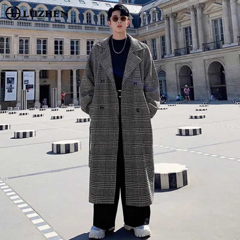 LUZHEN Checked Printed Loose Belt Decorate Kneelength Windbreaker Coat Mens Autumn 2025 Elegant Handsome Trench Clothes JY4493 X251028