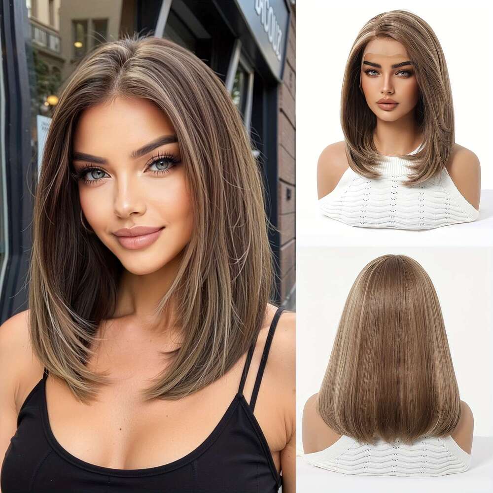 13X6 HD Transparent Front 14Inch Highlight Brown Color Short Bob Synthetic Glueless Lace With Pre Plucked Natrural Hairline Daily Wear Party-Natural L