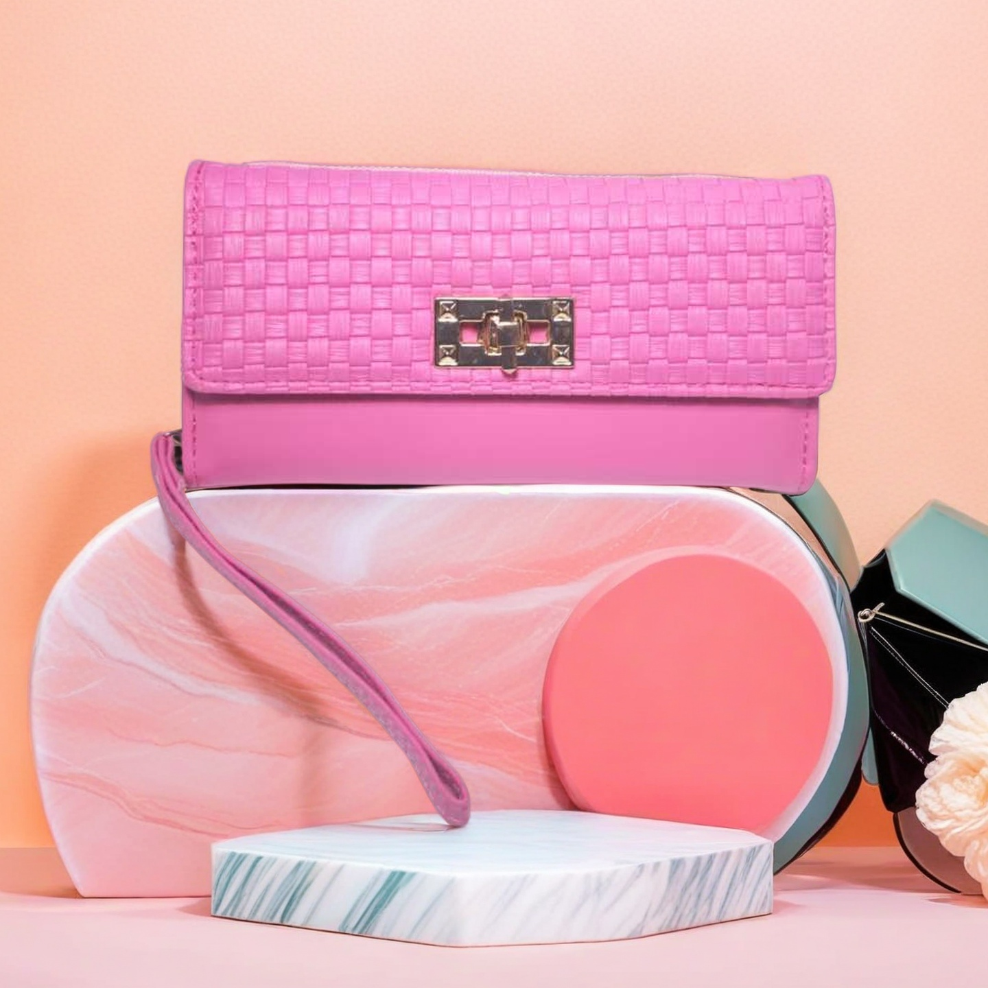 Wallets Women's Pink Woven Leather Clutch Wallet with Wristlet Strap - Gold Lock Accent, Textured Design, Large Capacity Purse for Daily & Party 