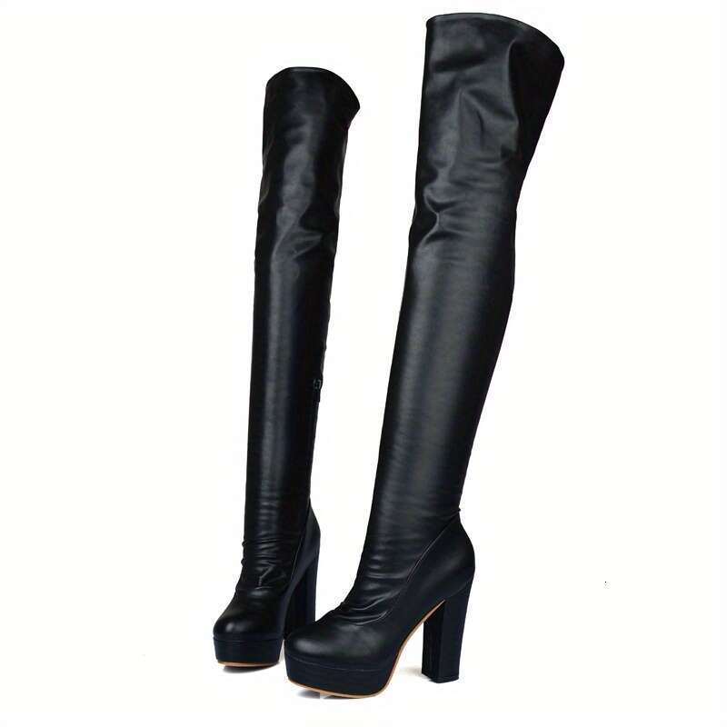 2025 Model Women's Black Synthetic Cover Over-The-Knee Boots With Block Heels Platform, Stylish And Versatile, Featuring A Classic Design That El