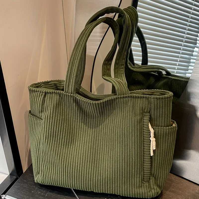 Corduroy Tote with Zipper Closure Light and Large Capacity Fixed Shoulder Strap Solid Color Daily Commuter HandbagW251028