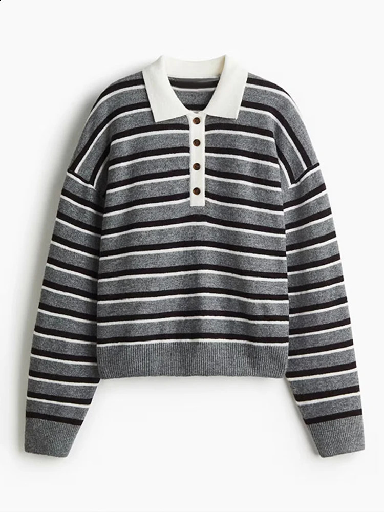 Polo Collar Striped Pullover Sweater Loose Long Sleeve 2025 Autumn Daily Cozy Women Knit Top Trendy Chic Casual Lady Knitwear 251027