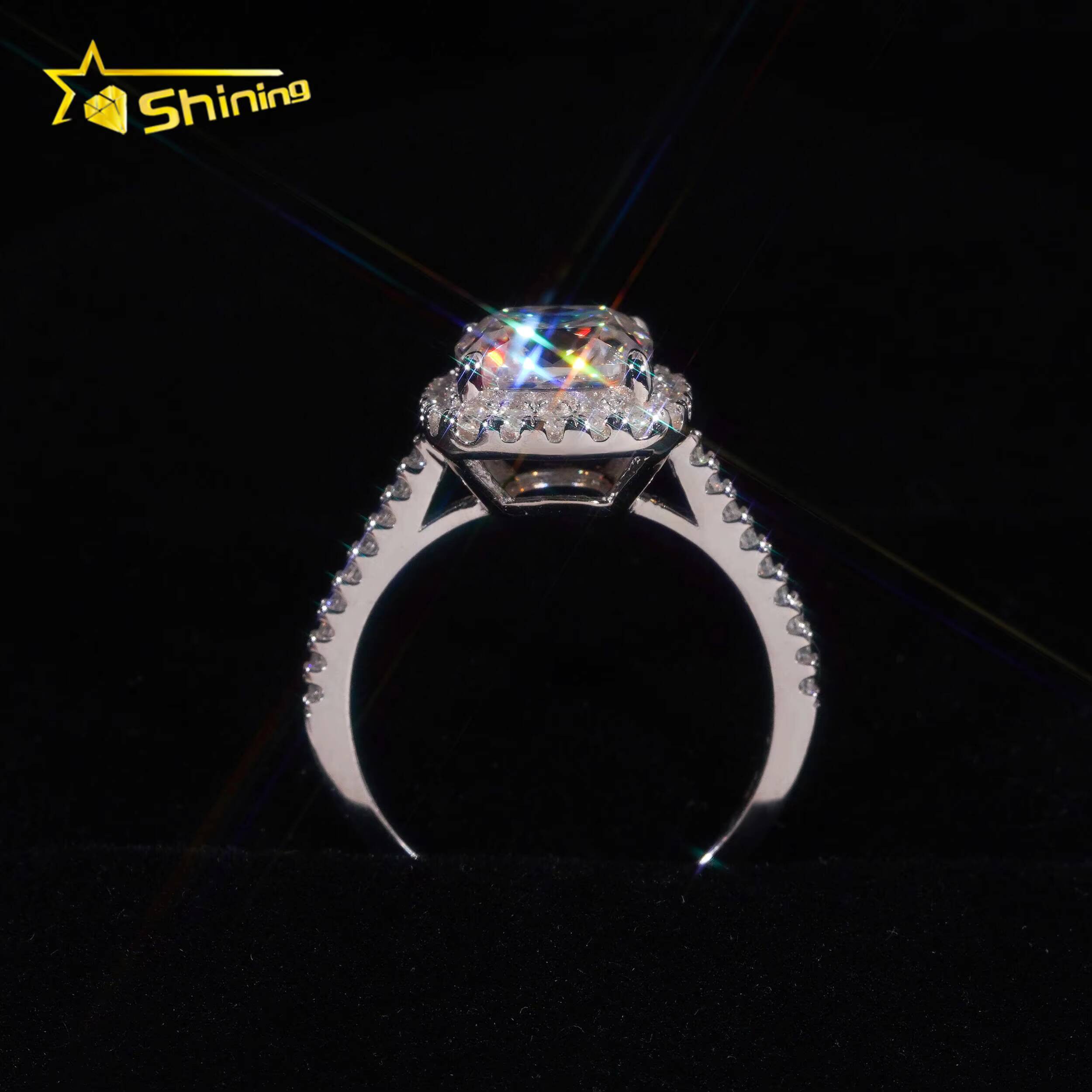 Trendy Halo Design 925 Silver Cushion Cut Moissanite Ring Custom Fine Women Finger Moissanite Eternity Wedding Ring