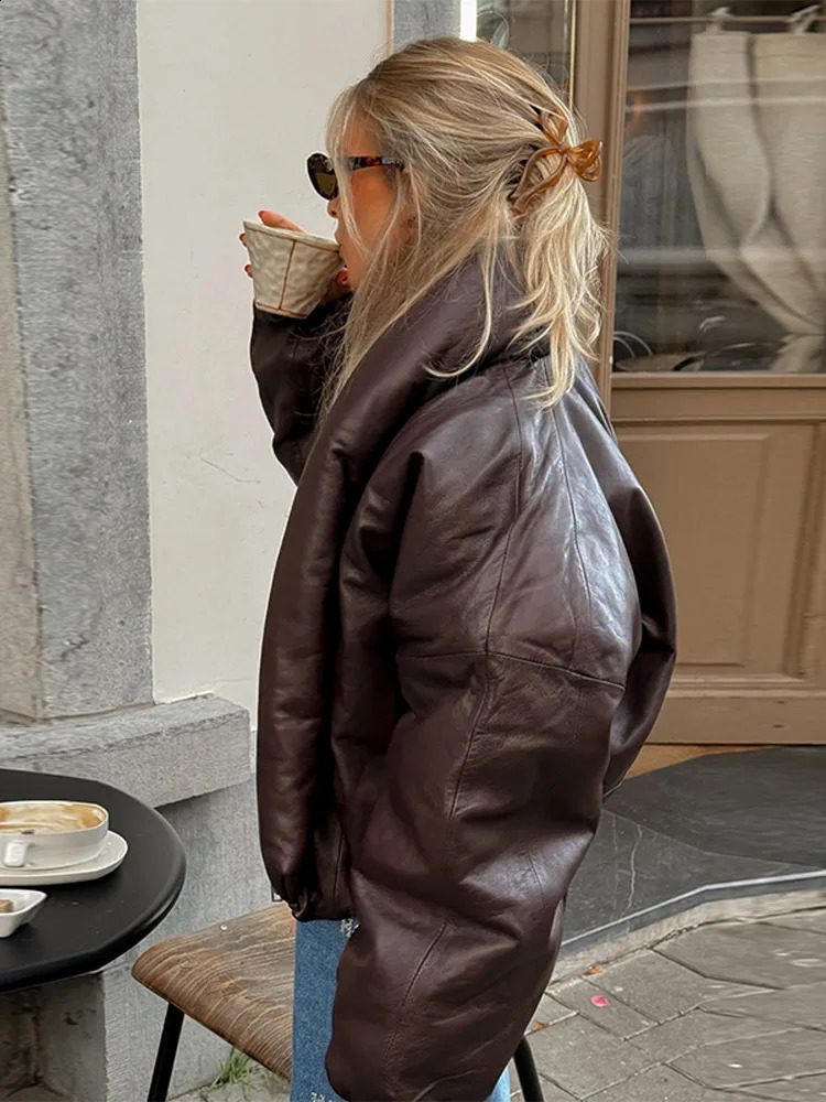 Warm VNeck Thick Leather Short Jacket Woman Long Sleeves Loose Versatile Coats Casual Street Womens Autumn Winter Jackets 251027