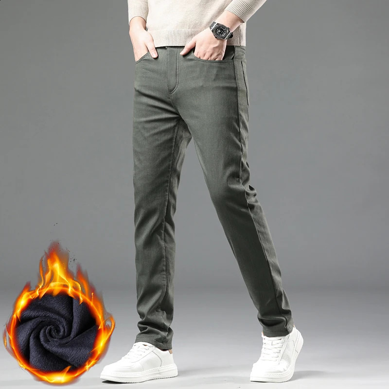 Winter Fleece Pants Mens Thick Slim Elastic Business Casual Velvet Warm Fashion Solid Color Plush Trousers Male 251027