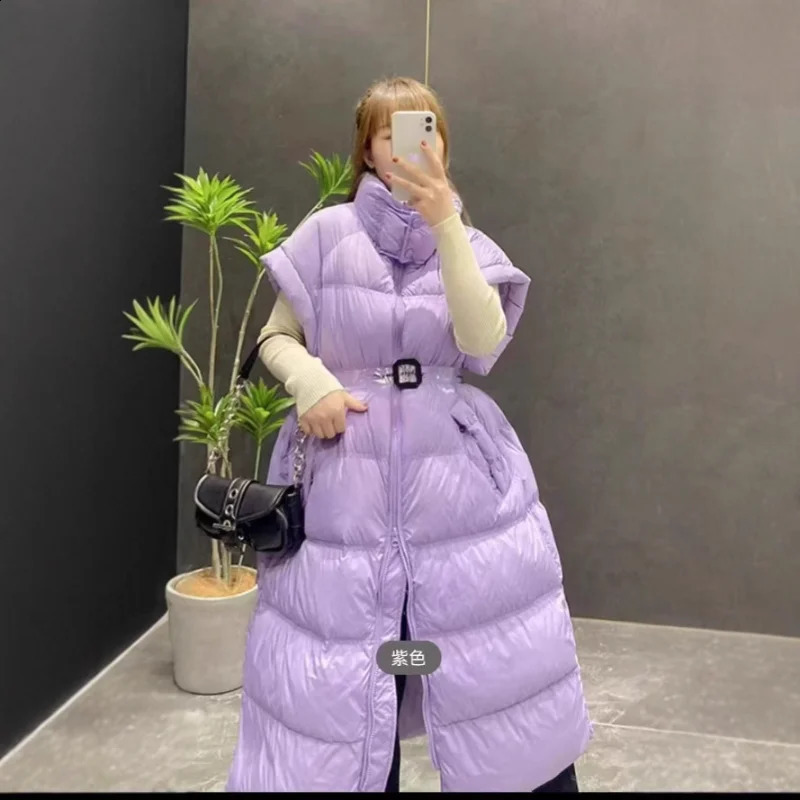 Tight Waist Long Duck Down Vest Coat Womens Fashion Thick Stand Collar Warm Jacket Sleeveless Vest Puffer Coats 251027