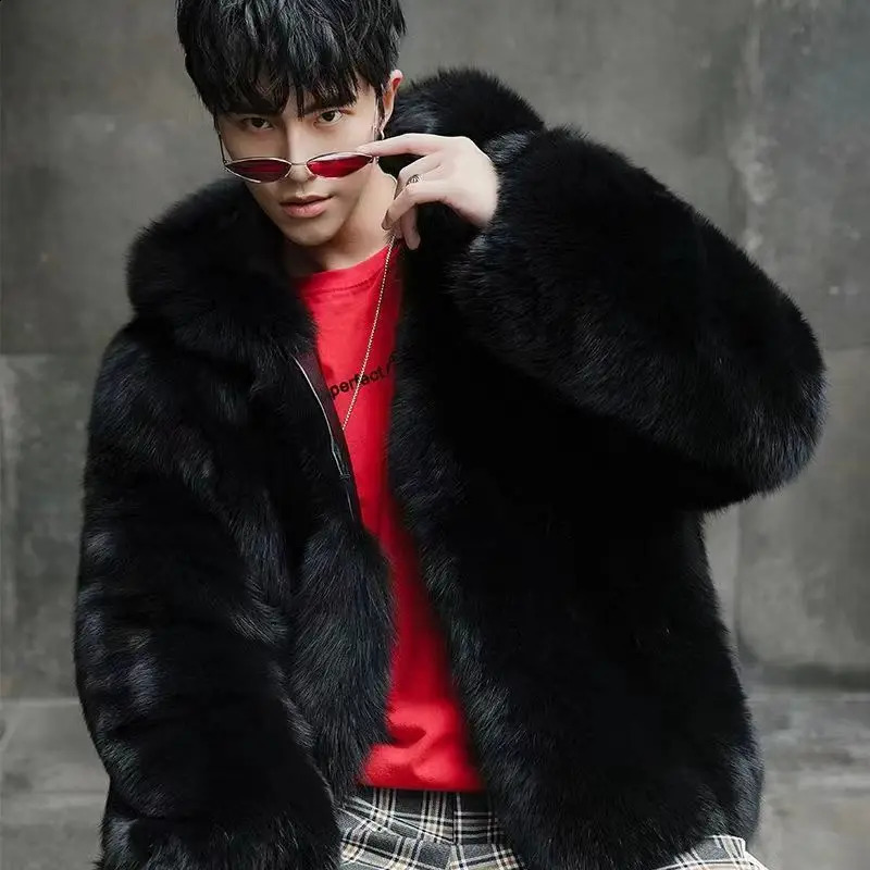 Autumn Winter Men Fox Fur Hooded Coat Fashion Light Warm Coat Thickened Comfortable Fur Coat Men Brown Fur 251027