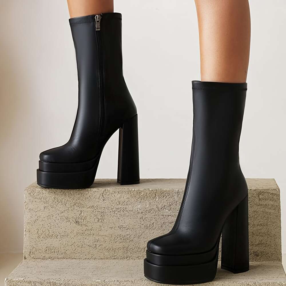 Elegant Women's White Platform Ankle - Chunky Heels With Square Toe, Side Zipper, PU Cover, Perfect For Winter Dress-Up Ocns, Casual Chic Boots|C