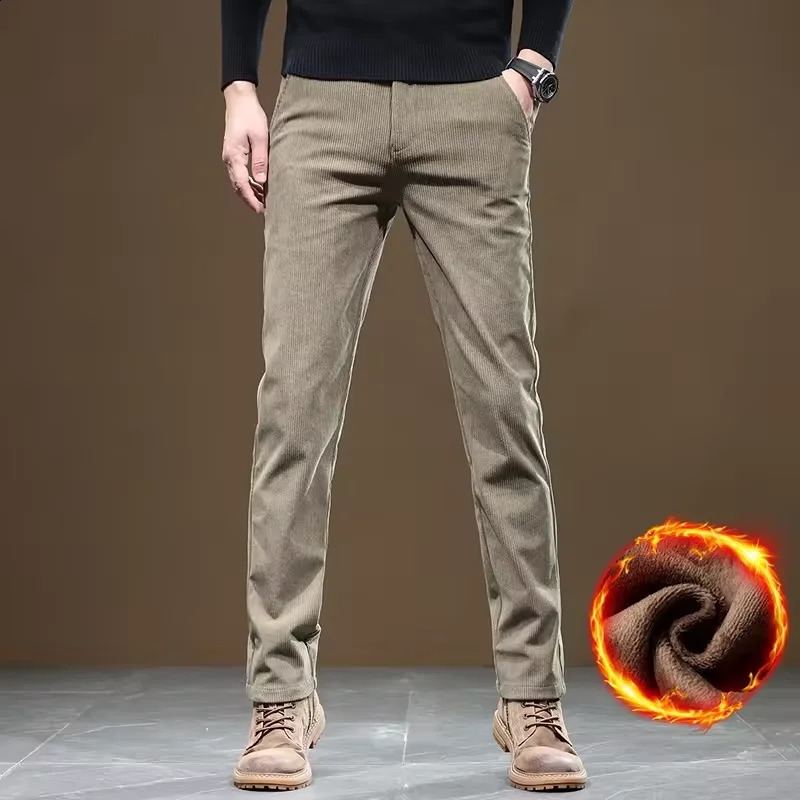 Fleece Pants Men Casual Work Business Trousers Winter Corduroy Straight Slim Outdoor Streetwear Thick Warm Sweatpants 251027