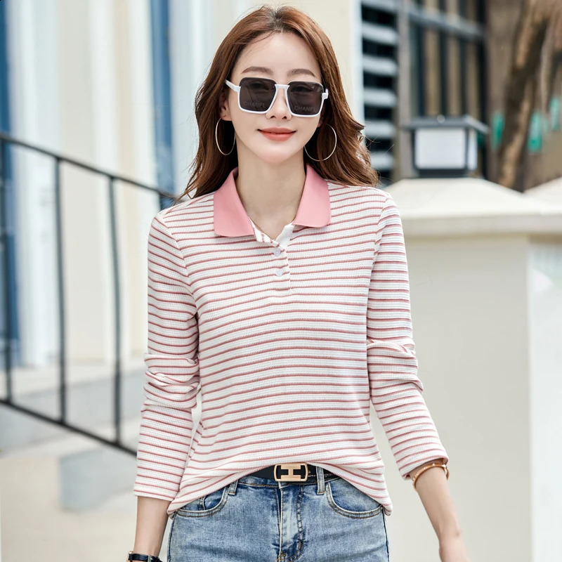 Autumn Long Sleeve Polo Shirt Plus Size Women Stripe Polo Neck Shirts In Fashion Button Office Lady Formal Women Top 251027