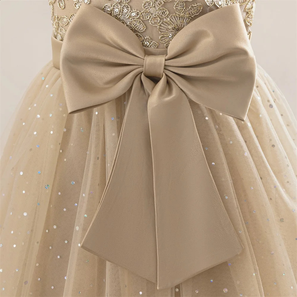 Girls Flower Embroidery Party Dress Kids Big Bow Long Wedding Bridesmaid Prom Gown Girl Fashion Lace Birthday Clothes Costumes 251023