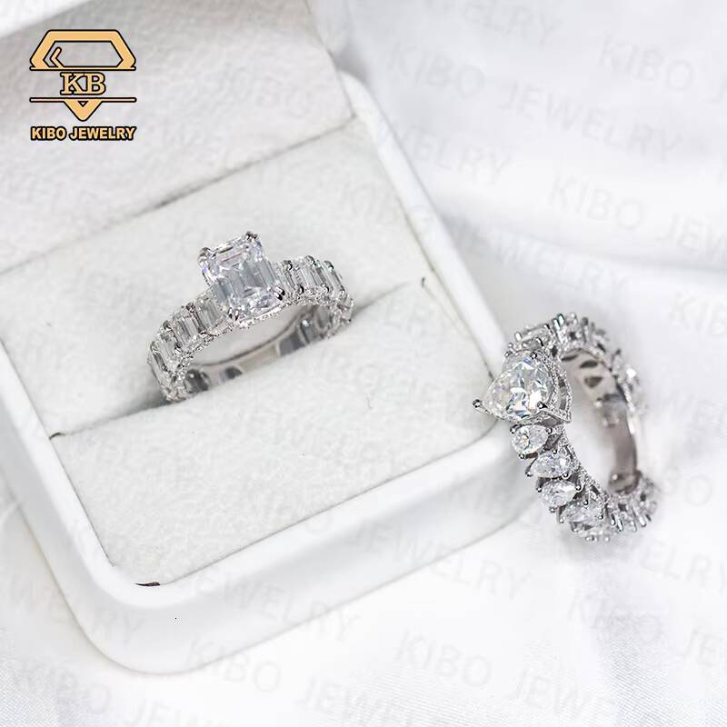 Pass Diamond Tester Custom Fashion Rings Iced Out Emerald Cut Moissanite Ring 925 Silver White Gold Plated Rings Jewelry Women