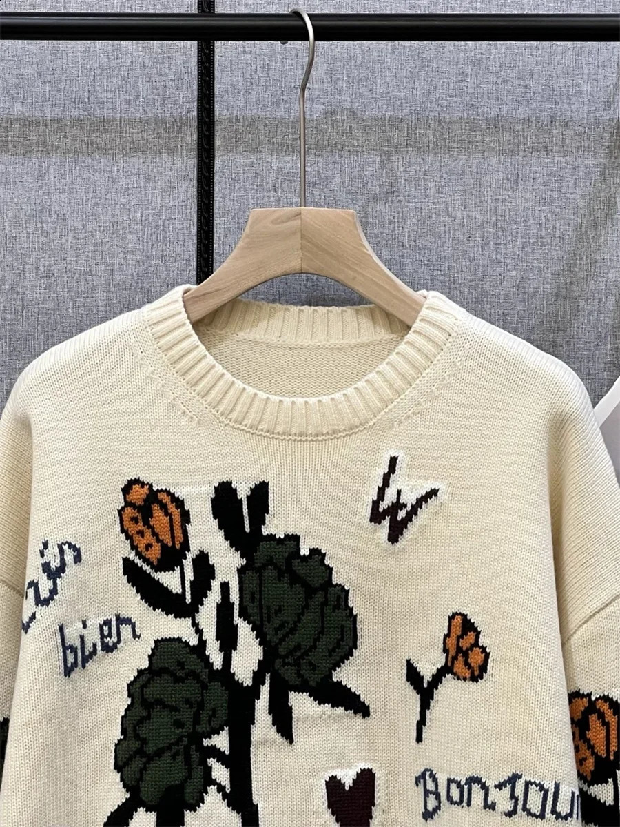 Womens 100 Wool Sweater Letter Floral Jacquard Round Neck 2025 Fall Winter Long Sleeve Pullover for Lady 251027