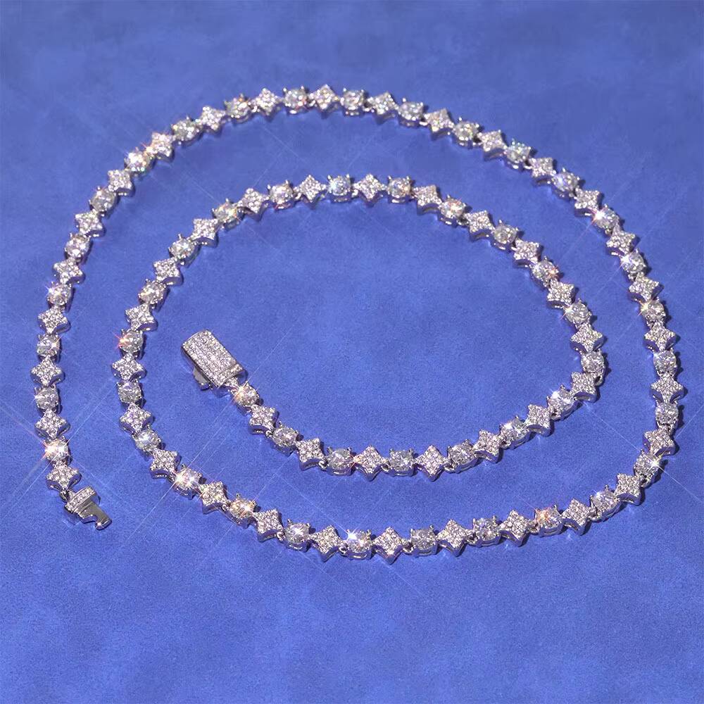 6mm Width Star Design Shiny VVS Moissanite Necklace Custom Womens Fine Jewelry 925 Sterling Silver Tennis Chain