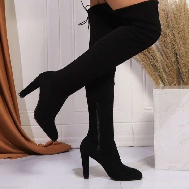 Women's Over-The-Knee OTK Ultra-High Chunky Heel Gothic/Party Zipper Closure, Pointed Toe PU Sole Elegant All-Black Everyday Women Comfortable Du
