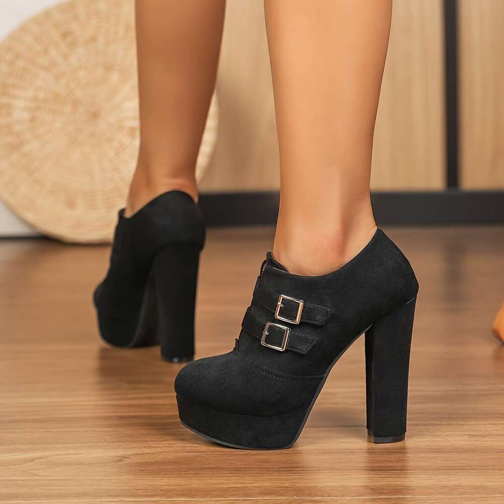 Women's Fashion High Heel Ankle Boots, Autumn And Winter Season, New Style, Chunky Heel, Round Toe, Thick Sole, Non-Slip Rubber Outsole, Double B
