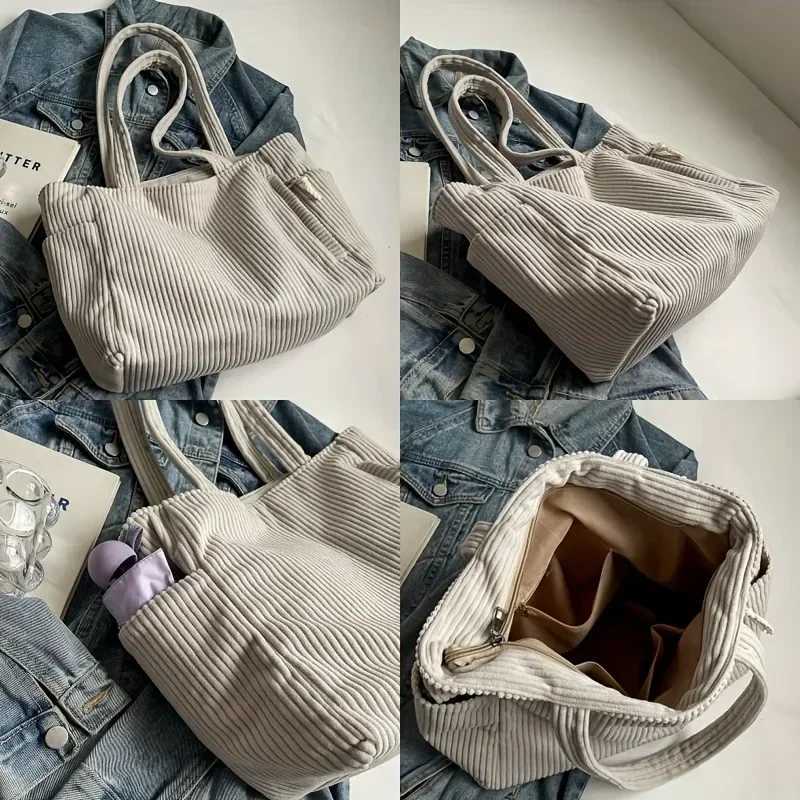 Corduroy Tote with Zipper Closure Light and Large Capacity Fixed Shoulder Strap Solid Color Daily Commuter HandbagW251028