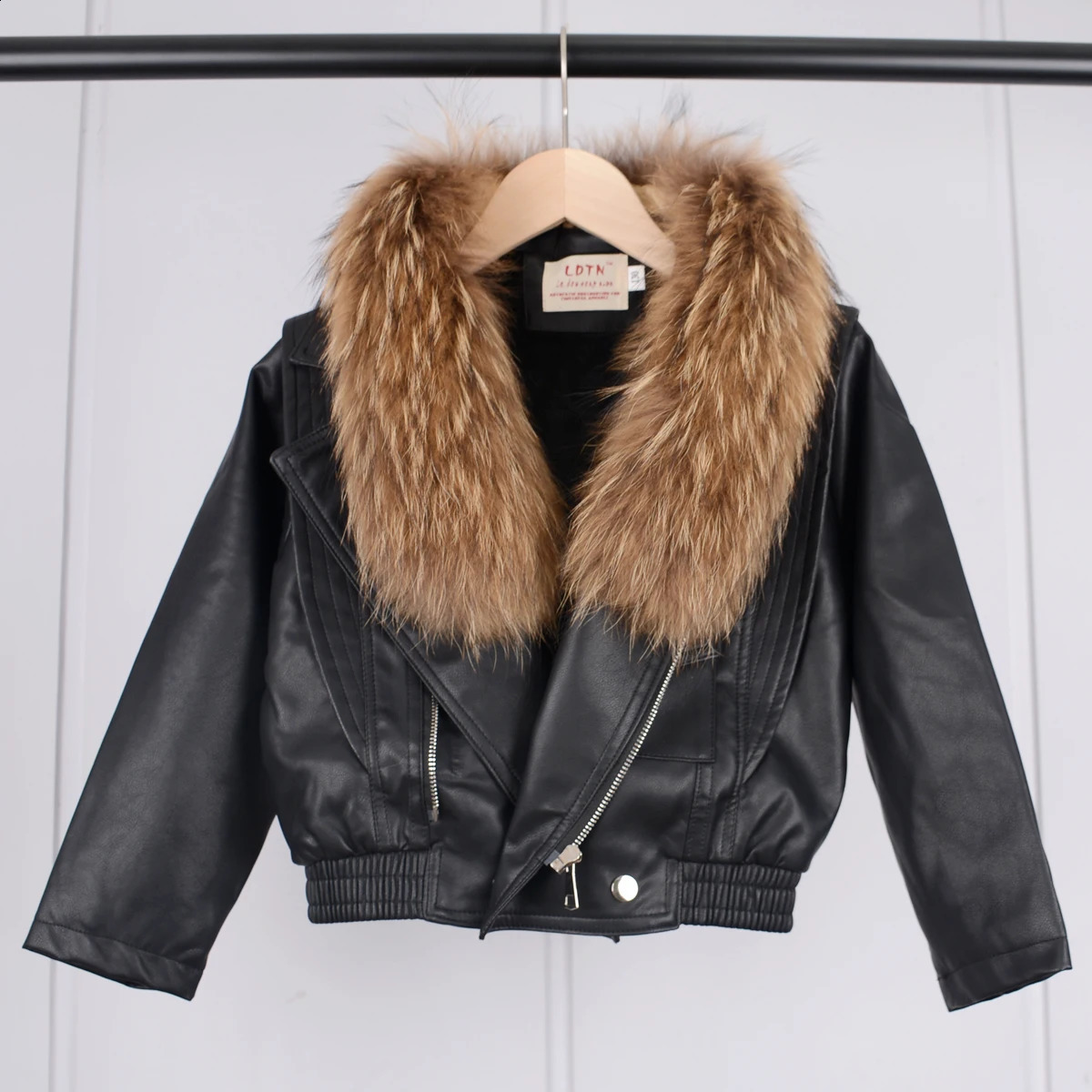 Kids Leather Jacket For Girls Autumn Winter Raccoon Fur Coat Children Full Sleeve Plush Outwear Black Beige Brown TR319 251023
