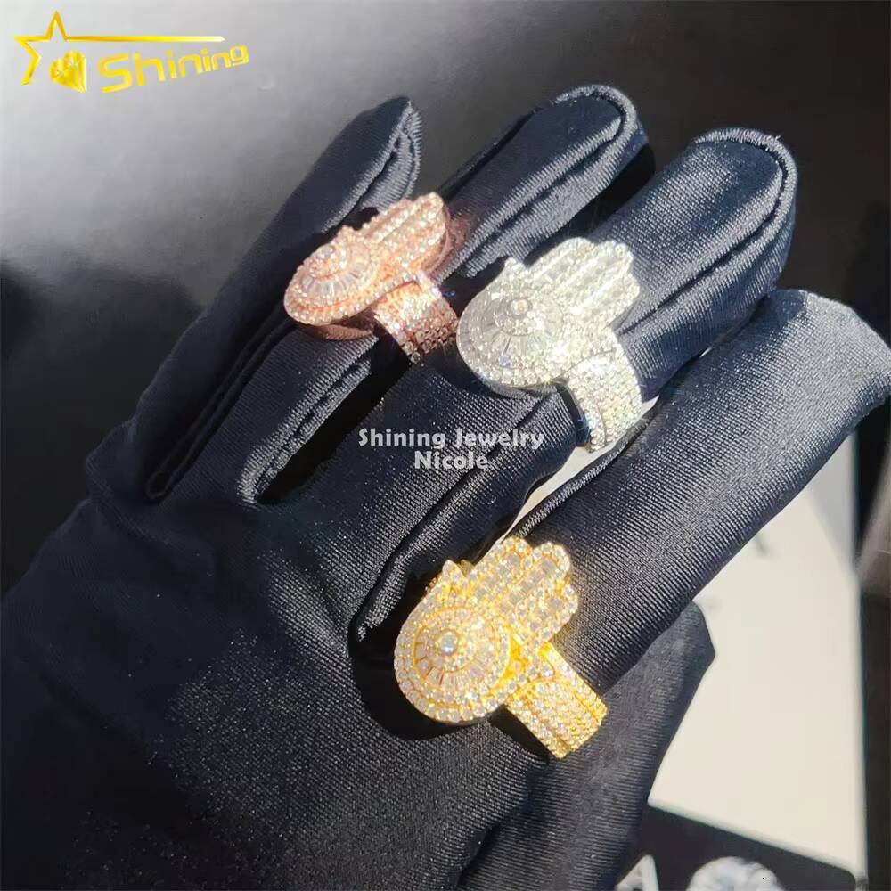 Wholesale Price High Quality Baguette Diamond 925 Silver Rings Hip Hop Moissanite Hamsa Hand Ring