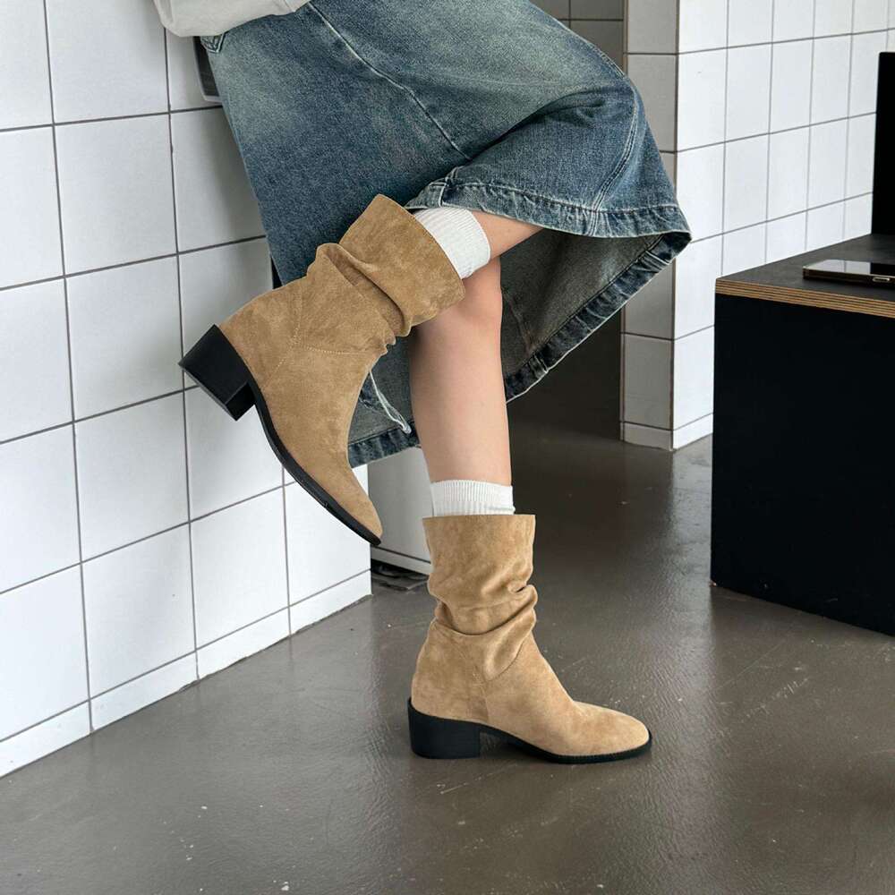 2025 Autumn Winter New Korean Style Boots - Women's Designer Frosted Leather Chunky Mid-Heel, Comfortable Slouchy Short Fashion Boots