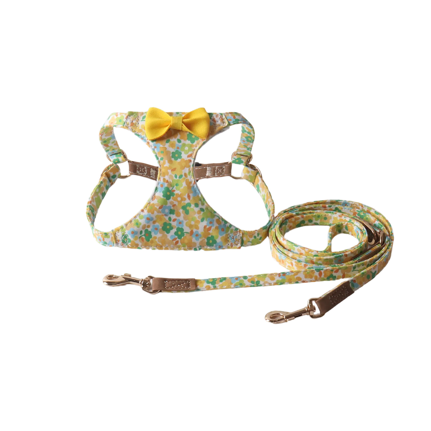 Fashion Floral Pattern Pet Harness Leash Set with Bowknot, Adjustable & Durable,Stylish Walking Gear, Comfortable Pet Vest Harness with Leash for Smal