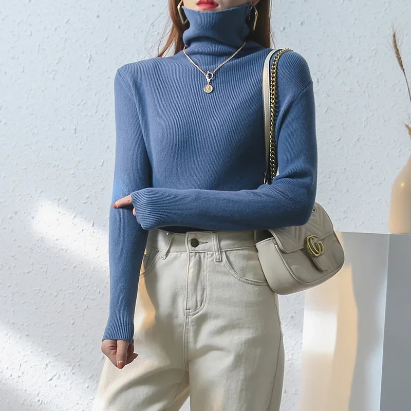 Womens Autumn and Winter 100 Wool Casual Warm Stacked High Neck Wool Loose Thick Underlay Knitted Sweater Top 251027