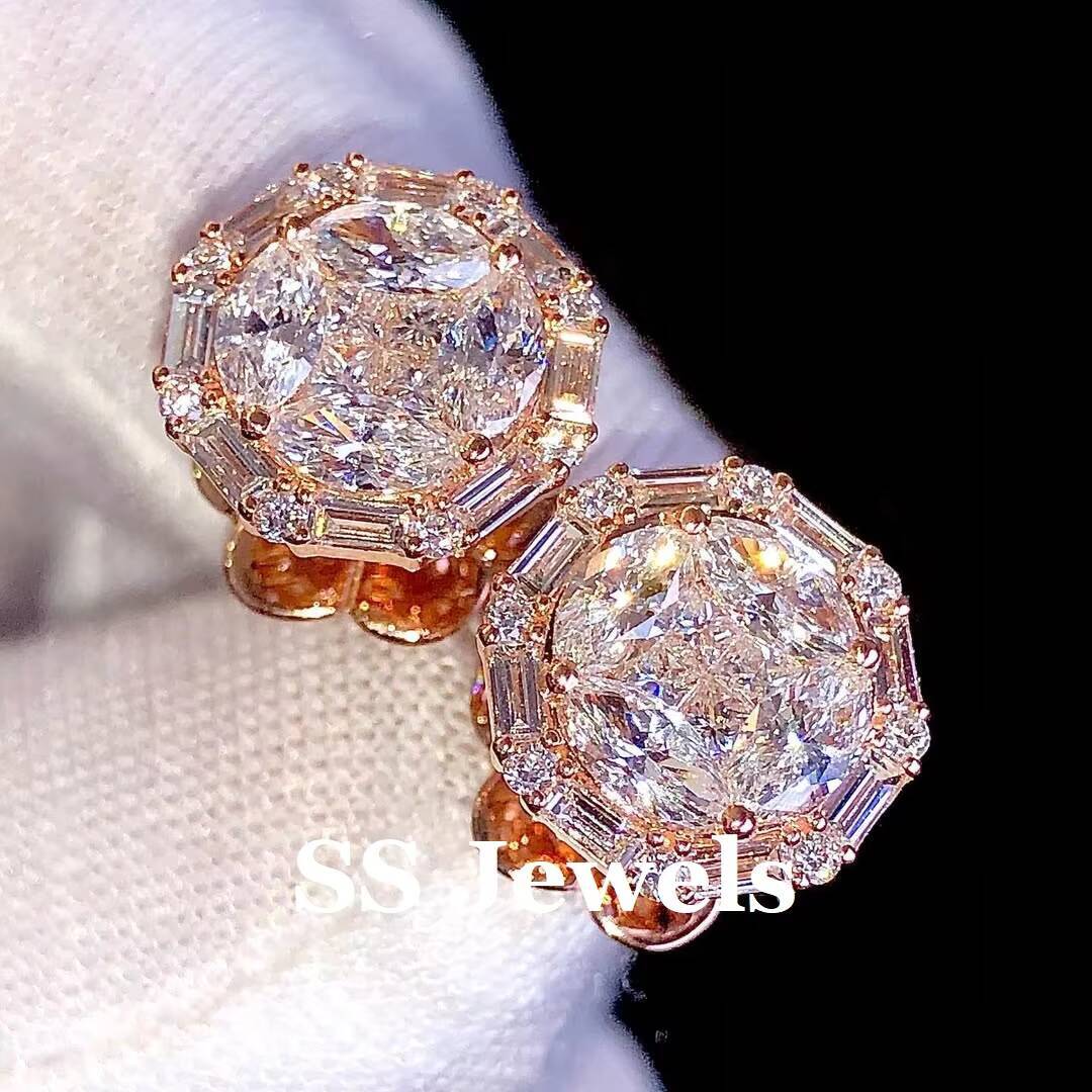 Luxury VVS Moissanite Cluster Stud Earrings Round Baguette Marquise Cut Diamond Design in 925 Silver Rose Gold for Women
