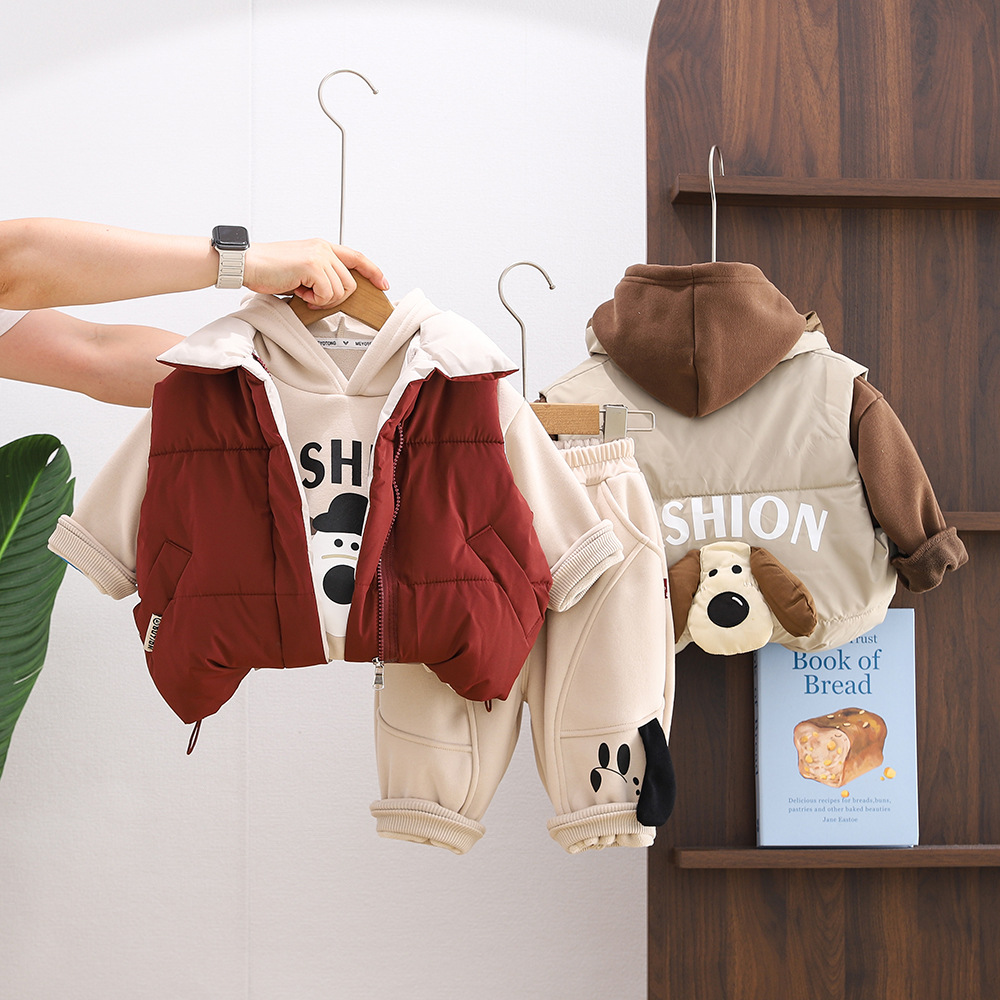 Free Shipping 2025 Boys Winter 3-Piece Set, Thickened 3D Dog Vest Outfit, Warm Thermal Clothing for Toddler & Infant