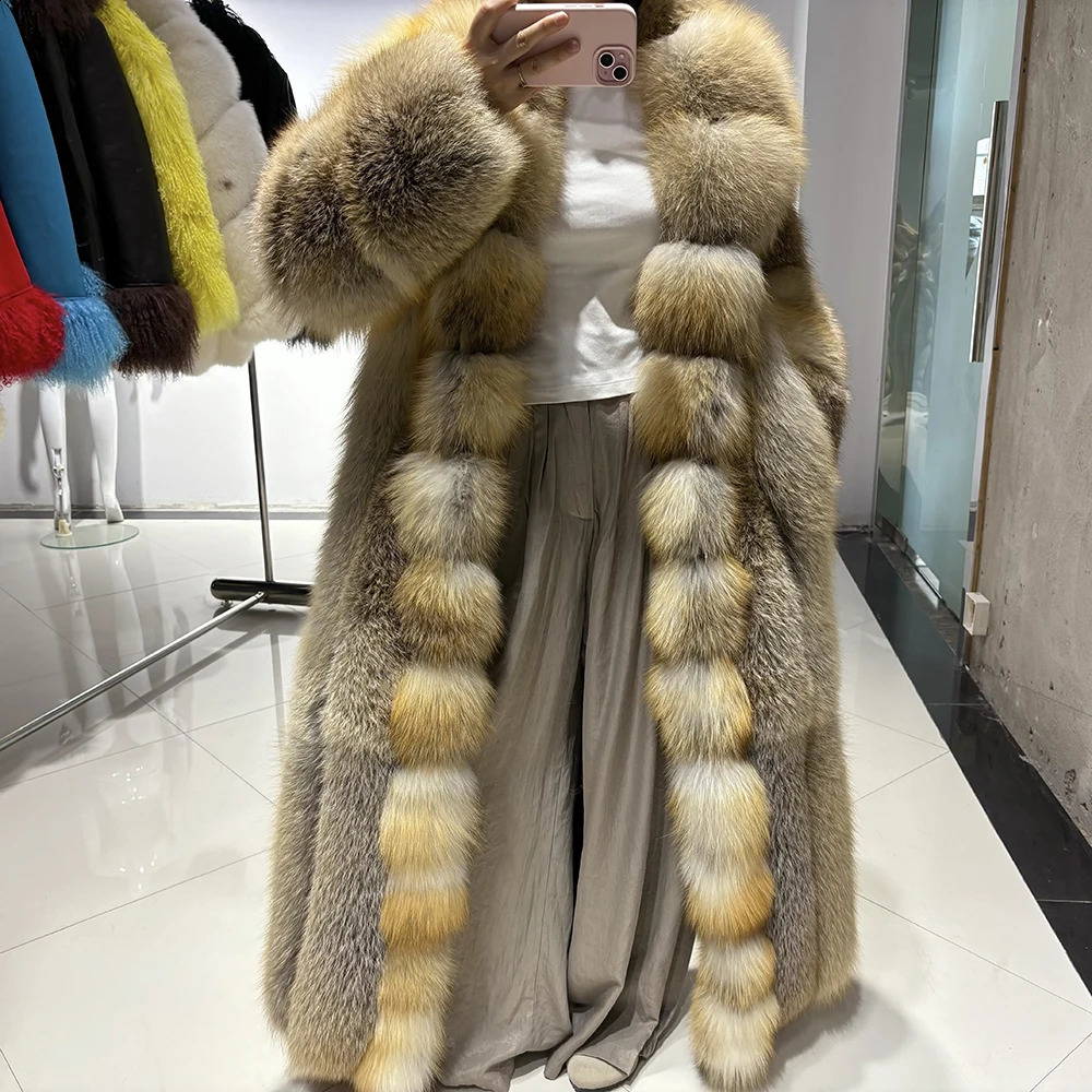 YOLOAgain Long Real Fox Fur Jacket Coat Women2025 Winter Natural Golden Fox Fur Coat Outerwear 251027