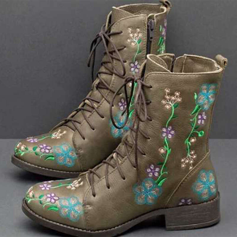 Women's Retro Floral Print Embroidered Ankle Boots - Color-Blocked Square Toe Low Heel With Zipper Closure, Microfiber Cover & Rubber Sole