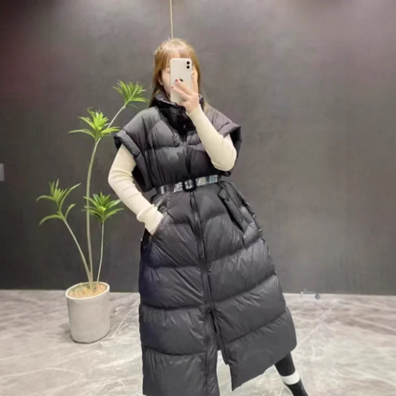 Tight Waist Long Duck Down Vest Coat Womens Fashion Thick Stand Collar Warm Jacket Sleeveless Vest Puffer Coats 251027