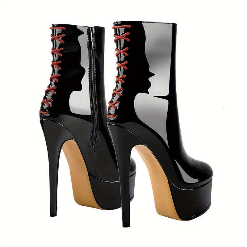 Black High-Heeled Cross Patterned Decorative Short Boots