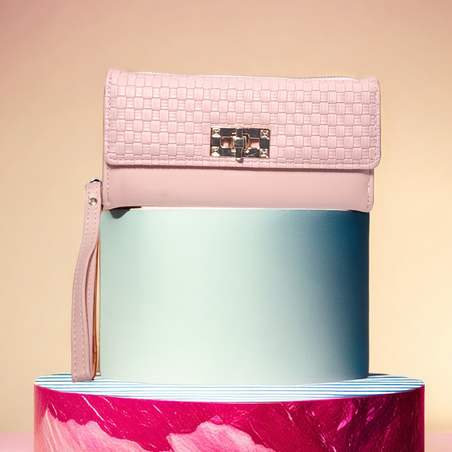 Wallets Women's Pink Woven Leather Clutch Wallet with Wristlet Strap - Gold Lock Accent, Textured Design, Large Capacity Purse for Daily & Party 