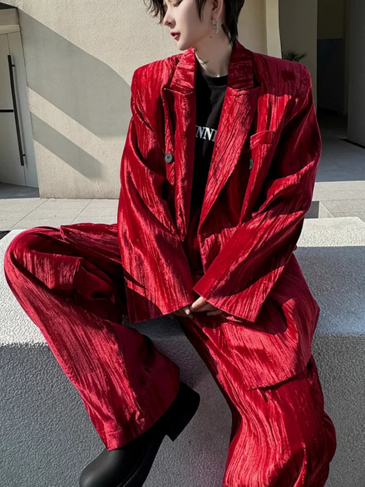 Mens Loose Fit Velvet Suit Set Red Double Breasted Blazer Jacket Pants Two Piece Spring Banquet Party Suits Matching 251027