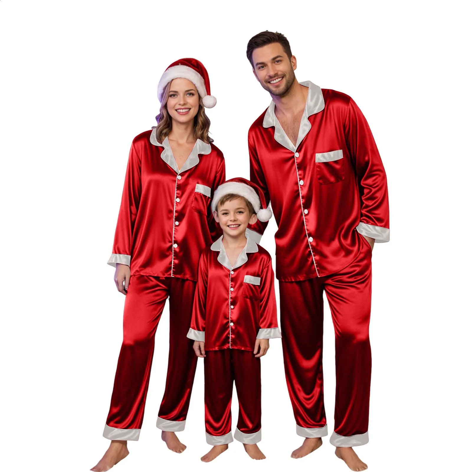 Christmas Family Outfits For Dad And Mom Satin Pajama 2 Piece Sets Long Sleeve Blouse Shirt With Pant Matching Sets Adult Xmas 251027